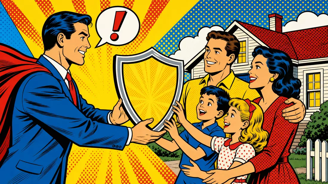 Pop-Art-Comic: Versicherungsheld übergibt Schutzschild an glückliche Familie vor ihrem Haus