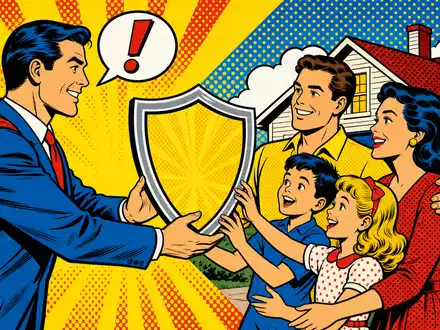 Cincinnati Financial US1720621011 Pop-Art-Comic zeigt Versicherungsheld der Schutzschild an strahlende Familie vor Eigenheim überreicht - Foto: THN