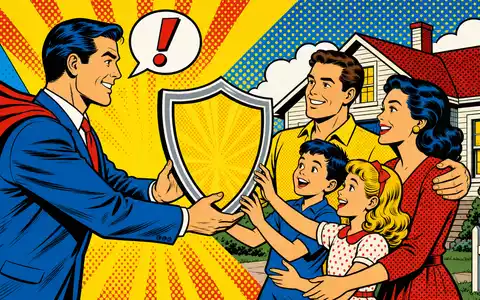 Cincinnati Financial US1720621011 Pop-Art-Comic zeigt Versicherungsheld der Schutzschild an strahlende Familie vor Eigenheim überreicht - Foto: THN