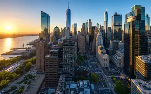 Citigroup Inc. zeigt globales Bankenzentrum Manhattan Skyline bei goldenem Sonnenaufgang über dem Finanzdistrikt US1729674242 - Foto: THN