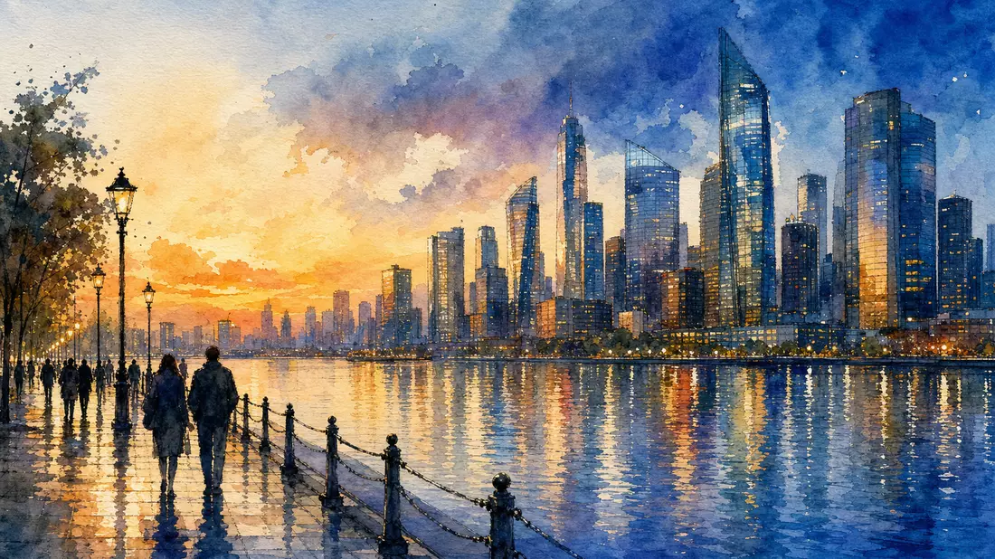 Aquarellmalerei einer Finanzmetropole am Fluss bei Sonnenuntergang mit Passanten