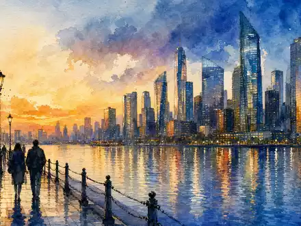 Citigroup Inc. Finanzmetropole Skyline als Aquarell-Illustration mit Flusspromenade bei Abenddämmerung US1729674242 Bank - Foto: THN