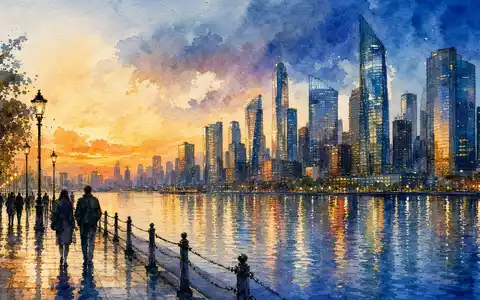 Citigroup Inc. Finanzmetropole Skyline als Aquarell-Illustration mit Flusspromenade bei Abenddämmerung US1729674242 Bank - Foto: THN