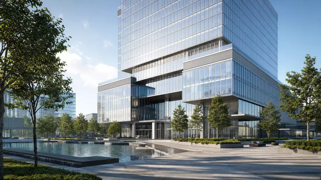 Architektur-Render eines modernen Bankhauptquartiers mit Glasfassade und Wasserplatz