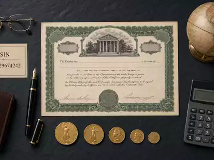 Citigroup Inc. Aktionärszertifikat und ISIN-Karte US1729674242 als Flatlay mit Goldmünzen und Tintenfeder auf Schiefer - Foto: THN