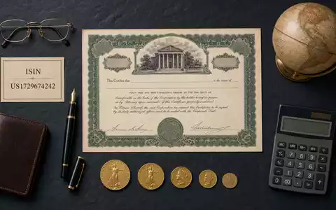 Citigroup Inc. Aktionärszertifikat und ISIN-Karte US1729674242 als Flatlay mit Goldmünzen und Tintenfeder auf Schiefer - Foto: THN