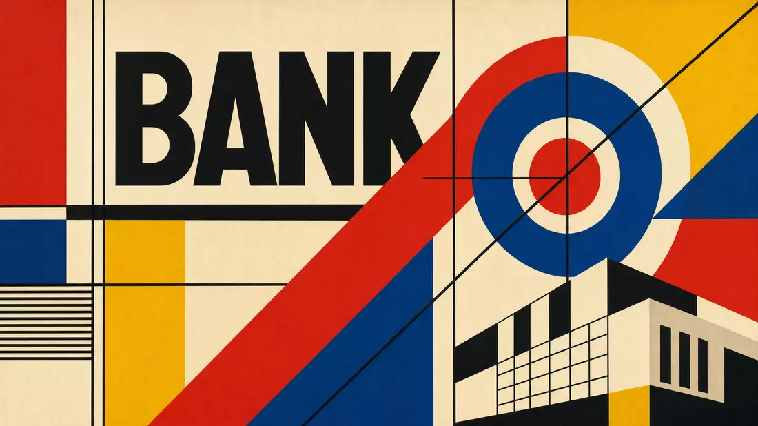 Bauhaus-Poster mit geometrischen Formen, BANK-Schriftzug und Primärfarben