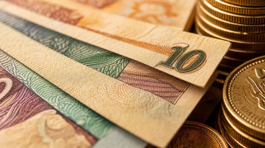 Extreme Makroaufnahme von Banknoten und Goldmünzen mit scharfem Fokus auf Papierstruktur
