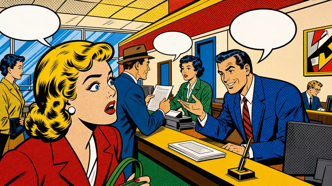 Pop-Art-Comic-Illustration einer Bankfiliale mit Halbton-Muster und leeren Sprechblasen