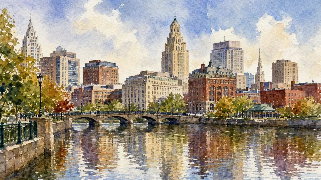 Aquarellmalerei der Providence-Skyline mit Finanzdistrikt und Flussreflexionen