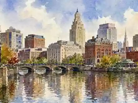 Citizens Financial Group Aquarell Providence US1746101054: Skyline-Panorama mit Flussreflexionen in Blau und Ocker - Foto: THN