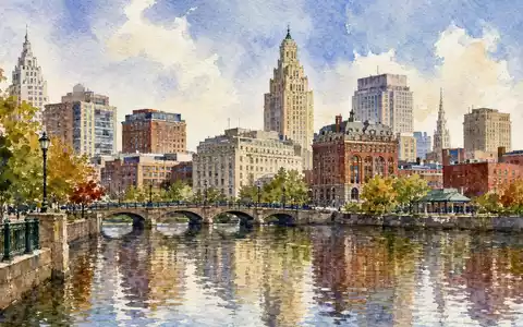 Citizens Financial Group Aquarell Providence US1746101054: Skyline-Panorama mit Flussreflexionen in Blau und Ocker - Foto: THN