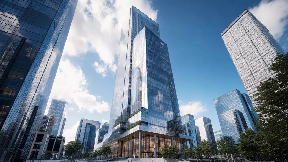 Architektur-CGI eines modernen Glas-Stahl-Bankturms im Finanzdistrikt aus Froschperspektive