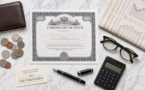 Citizens Financial Group Flatlay US1746101054: Aktienzertifikat ISIN-Karte Münzen Stift Taschenrechner Marmor Draufsicht - Foto: THN
