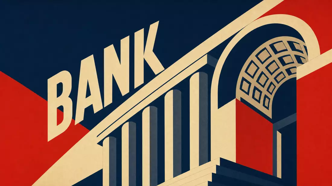 Bauhaus-Posterdesign mit geometrischen Säulen, Bogen und BANK-Schriftzug in Blau-Rot-Creme