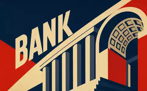 Citizens Financial Group Bauhaus-Poster US1746101054: geometrische Säulen BANK-Schriftzug konstruktivistisches Design Blau-Rot Creme - Foto: THN