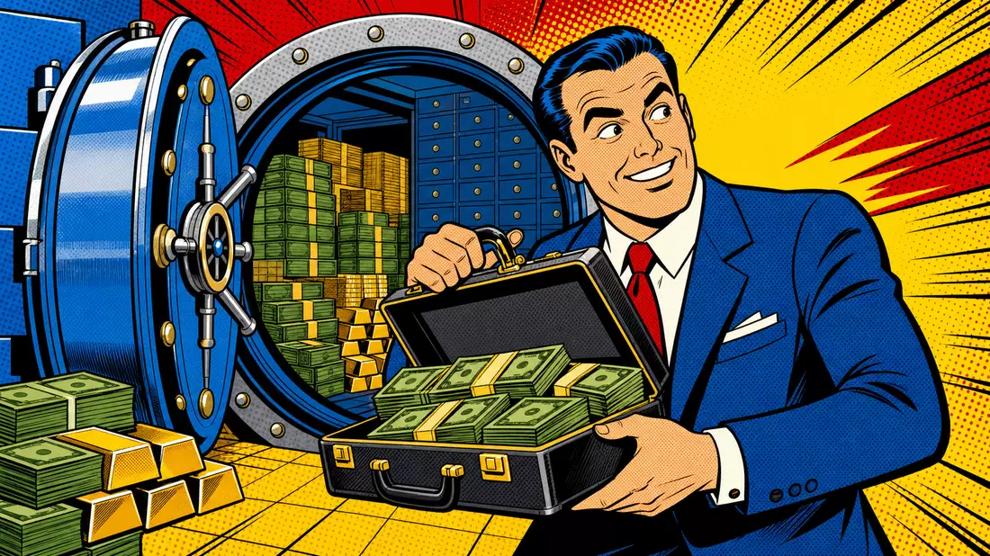 Pop-Art-Comic mit Cartoon-Banker der einen Tresor öffnet und einen Koffer voller Geldscheine hält