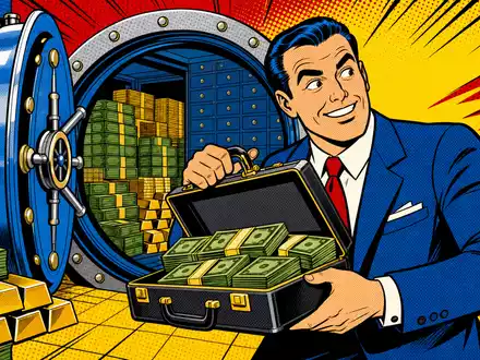 Citizens Financial Group Pop-Art-Comic US1746101054: Cartoon-Banker öffnet Tresor mit Koffer voller Banknoten farbig - Foto: THN