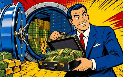 Citizens Financial Group Pop-Art-Comic US1746101054: Cartoon-Banker öffnet Tresor mit Koffer voller Banknoten farbig - Foto: THN