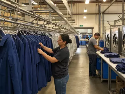 Cintas Corp. Uniformmietanlage US1729081035 zeigt Mitarbeiter beim Sortieren frisch gereinigter Arbeitskleidung an Förderschienen - Foto: THN