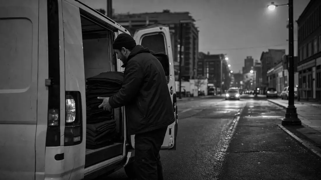 Schwarzweiß-Reportage: Fahrer lädt Arbeitsuniformen in Lieferwagen bei Nacht