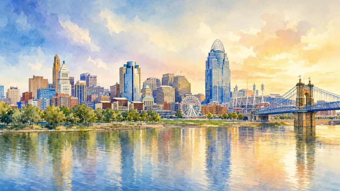 Aquarell-Skyline von Cincinnati am Ohio River mit Brücke und Spiegelungen
