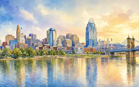 Cintas Corp. Hauptsitz Cincinnati Ohio US1729081035 als Aquarell-Skyline am Ohio-River im morgendlichen Goldlicht - Foto: THN
