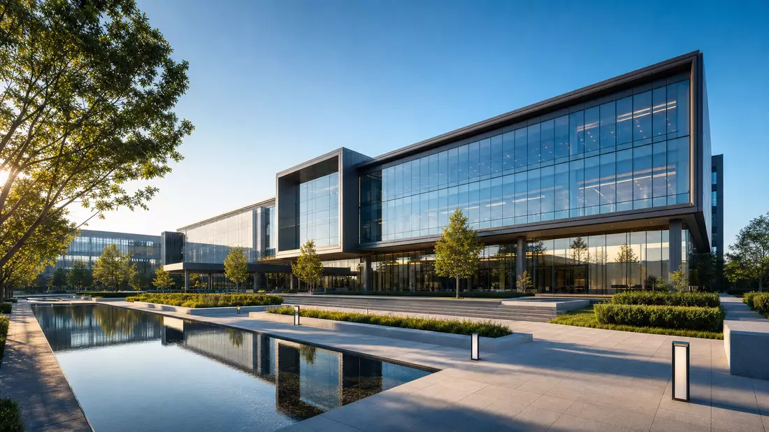Architektur-CGI eines modernen Unternehmensgebäudes mit Glasfassade und Wasserbecken