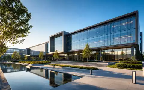 Cintas Corp. US1729081035 moderner Unternehmenshauptsitz als CGI-Render mit Glas-Stahl-Fassade und großem Wasserbecken davor - Foto: THN