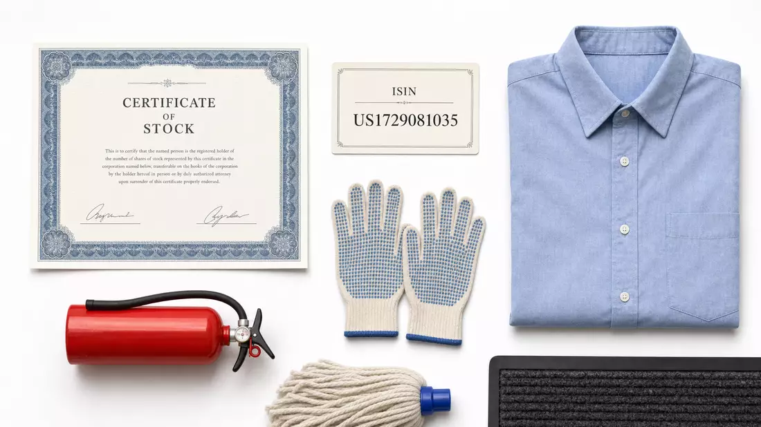 Draufsicht-Flatlay mit Aktienzertifikat, ISIN US1729081035-Karte, Arbeitskleidung und Sicherheitsutensilien