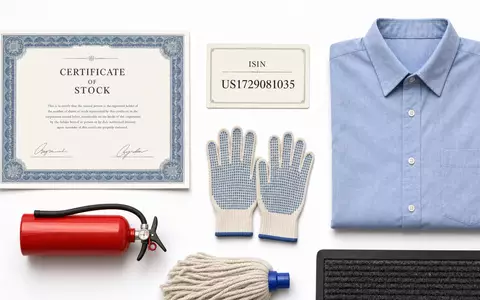 Cintas Corp. US1729081035 Flatlay mit Aktienzertifikat ISIN-Karte Arbeitshemd Sicherheitshandschuhen Feuerlöscher und Mopkopf - Foto: THN