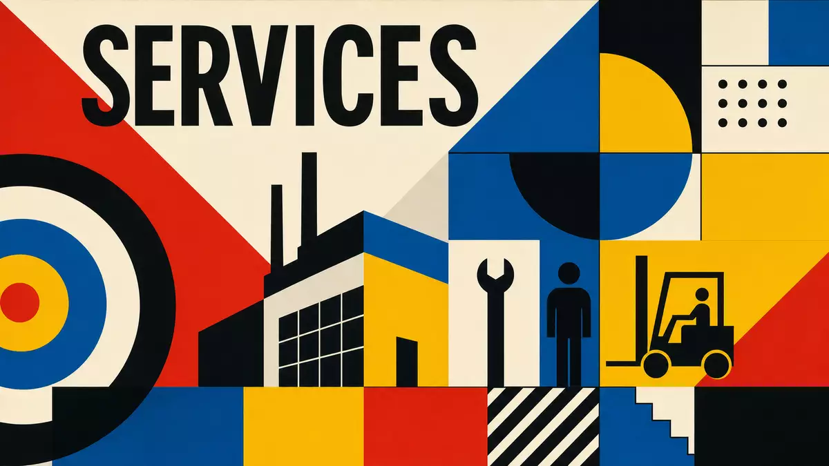 Bauhaus-Grafikposter mit kühnen Primärfarben, geometrischen Formen und dem Text SERVICES