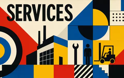 Cintas Corp. US1729081035 Bauhaus-Poster mit geometrischen PrimĂ€rfarb-Formen und groĂem Sektor-Text SERVICES im Modernismus-Stil - Foto: THN