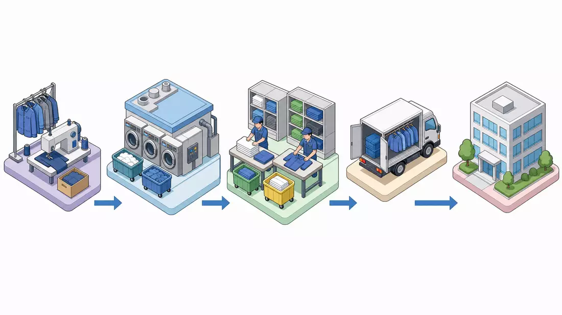 Isometrische 3D-Illustration der Wertschöpfungskette: Herstellung, Wäsche, Sortierung, Lieferung, Büro