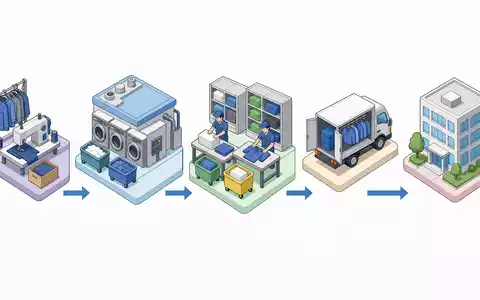 Cintas Corp. US1729081035 isometrisches 3D-Prozessdiagramm der Wertschöpfungskette von Uniformherstellung bis zur Kundenauslieferung - Foto: THN