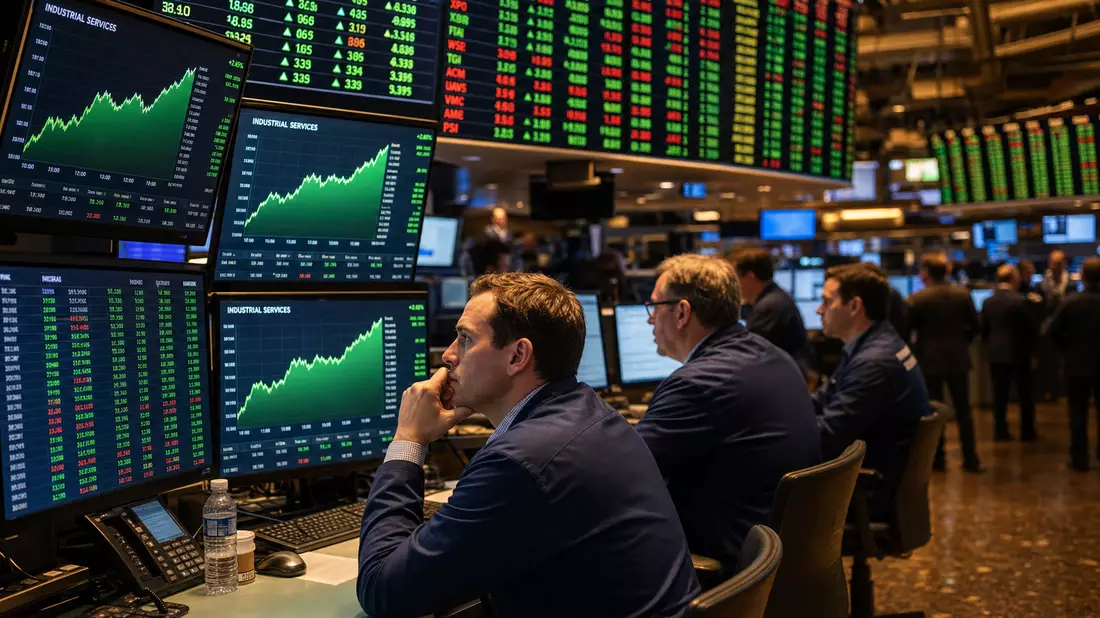 Editorial-Foto des NASDAQ-Börsensaals mit Händlern, grünen Kurscharts und digitalen Anzeigetafeln