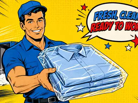 Cintas Corp. US1729081035 Pop-Art-Comic mit uniformiertem Lieferheld der frische Arbeitshemden vor gelbem Hintergrund überreicht - Foto: THN