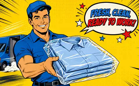 Cintas Corp. US1729081035 Pop-Art-Comic mit uniformiertem Lieferheld der frische Arbeitshemden vor gelbem Hintergrund überreicht - Foto: THN