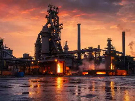 thyssenkrupp AG (DE0007500001): fotorealistisches Stahlwerk bei Sonnenuntergang mit glühendem Hochofen, aufsteigendem Dampf und nasser Betriebsfläche - Foto: THN