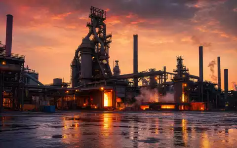 thyssenkrupp AG (DE0007500001): fotorealistisches Stahlwerk bei Sonnenuntergang mit glühendem Hochofen, aufsteigendem Dampf und nasser Betriebsfläche - Foto: THN
