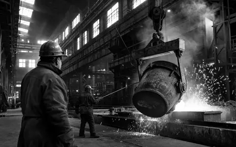 thyssenkrupp AG (DE0007500001): dokumentarische Schwarzweiß-Reportage von Stahlarbeitern an einer glühenden Gießpfanne mit fliegenden Funken - Foto: THN