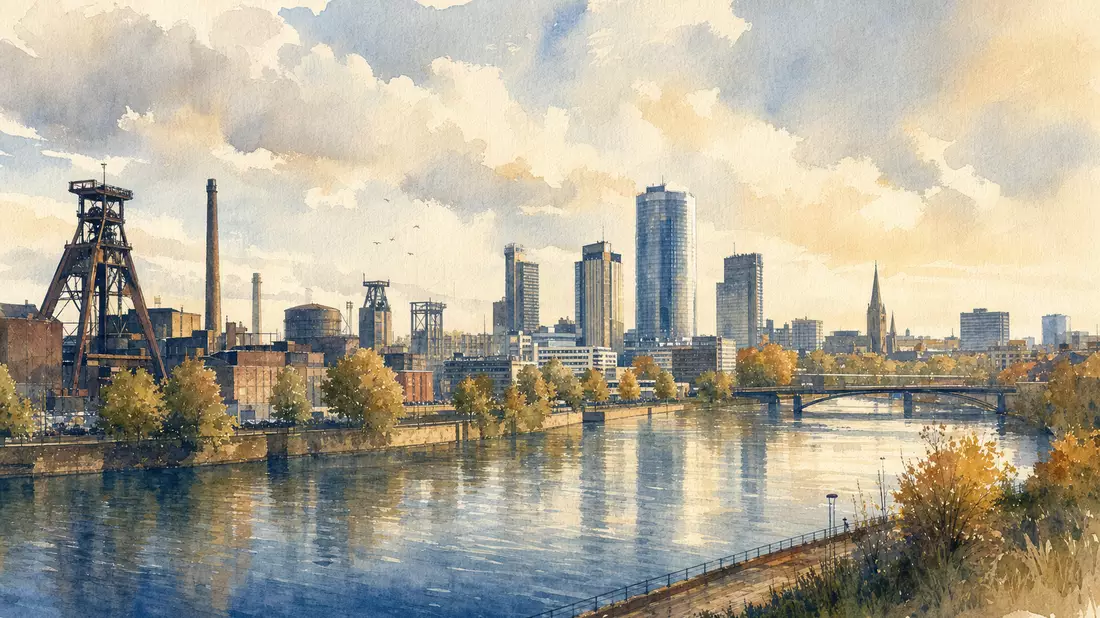 Aquarellbild der Ruhrgebiet-Skyline mit Industrie und Fluss