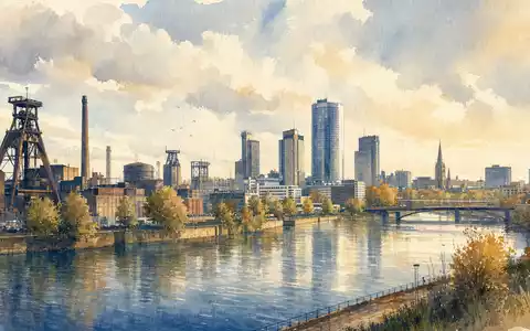 thyssenkrupp AG (DE0007500001): Aquarellmalerei der Essener Skyline mit Fördertürmen entlang eines ruhigen Flusses - Foto: THN