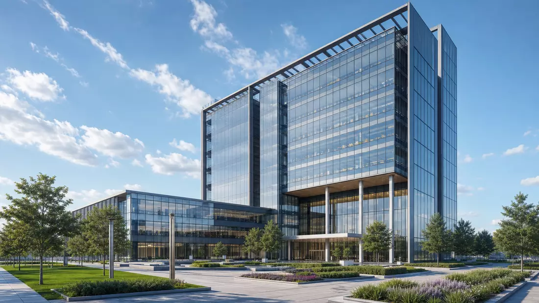 Architekturrender eines modernen Glas-Bürohochhauses mit Grünanlage