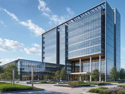 thyssenkrupp AG (DE0007500001): moderner Architektur-Render eines gläsernen Firmensitz-Hochhauses mit weitläufiger Grünanlage und klarem Tageslicht - Foto: THN