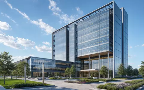 thyssenkrupp AG (DE0007500001): moderner Architektur-Render eines gläsernen Firmensitz-Hochhauses mit weitläufiger Grünanlage und klarem Tageslicht - Foto: THN