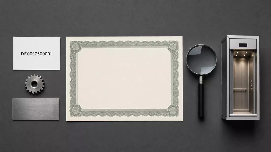 Flatlay-Arrangement mit Zertifikat, ISIN-Karte, Zahnrad und Aufzugmodell