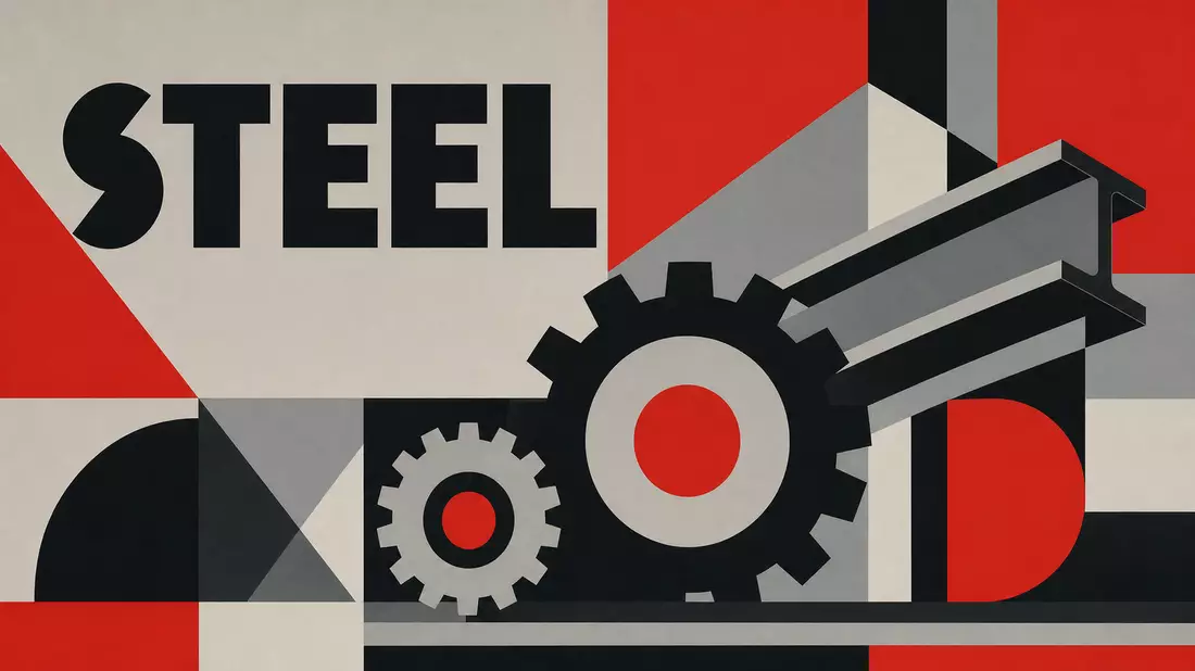 Bauhaus-Poster mit geometrischen Formen, Zahnrädern und Schriftzug STEEL