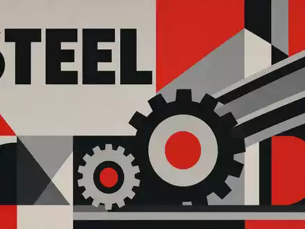 thyssenkrupp AG (DE0007500001): geometrisches Bauhaus-Poster mit Zahnrädern, Stahlträger und großem Schriftzug STEEL in Rot-Grau - Foto: THN
