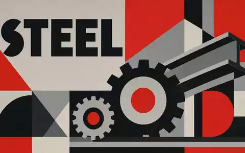 thyssenkrupp AG (DE0007500001): geometrisches Bauhaus-Poster mit Zahnrädern, Stahlträger und großem Schriftzug STEEL in Rot-Grau - Foto: THN